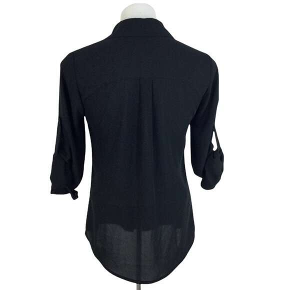 Express Portofino Pearl Button Roll Tab Sheer Black Studded Blouse Top Womens XS - Picture 4 of 8